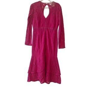 Venus NWOT Size 10 Hot Pink Lace Floral Open Back Midi Tulip Hem V Neck Dress